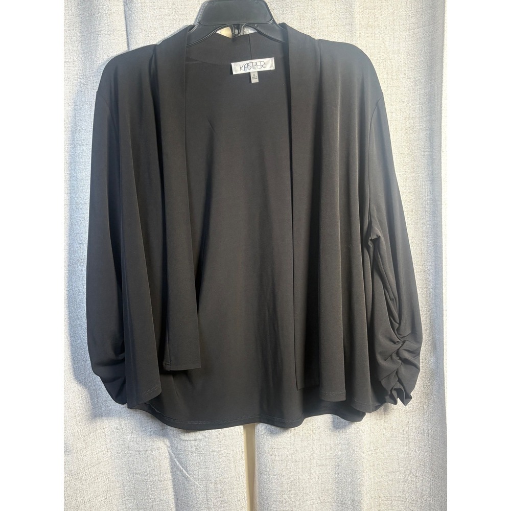 Kasper Womens XL Black Open Front Ruched 3/4 Sleeve Cardigan Jersey Wrap Blouse